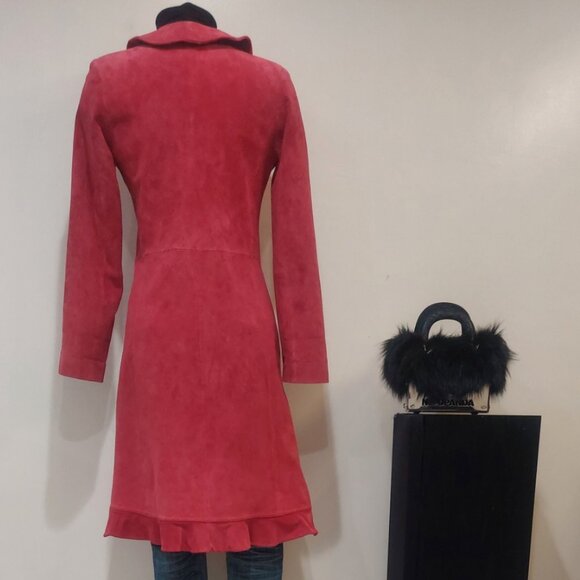 💋STUNNING BOHO CHIC💋Vintage Genuine Suede Ruffled Trench Coat in Rose Red - Picture 4 of 11
